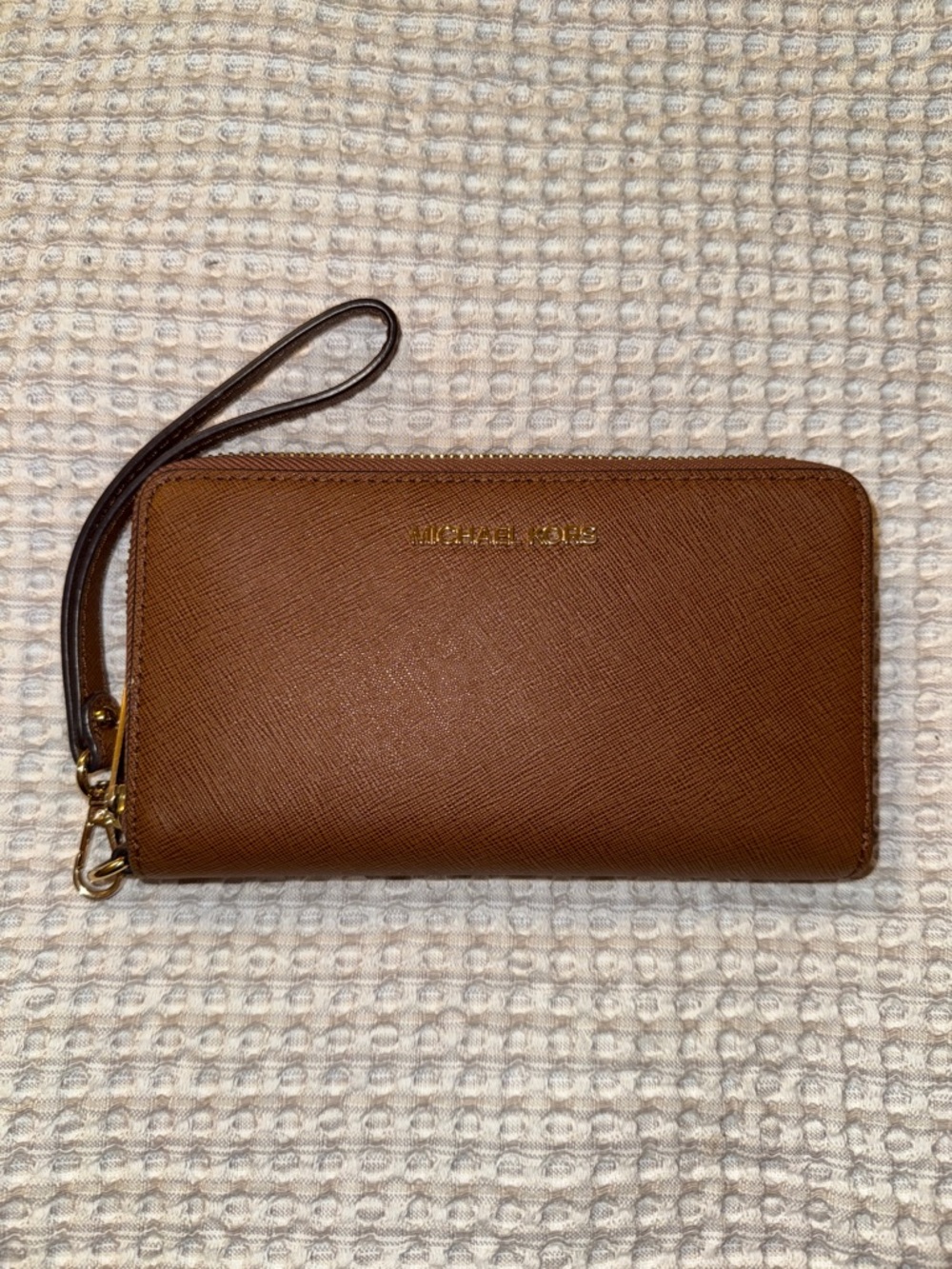 Michael Kors Cognac Zip-Around Wristlet Wallet with Gold Logo